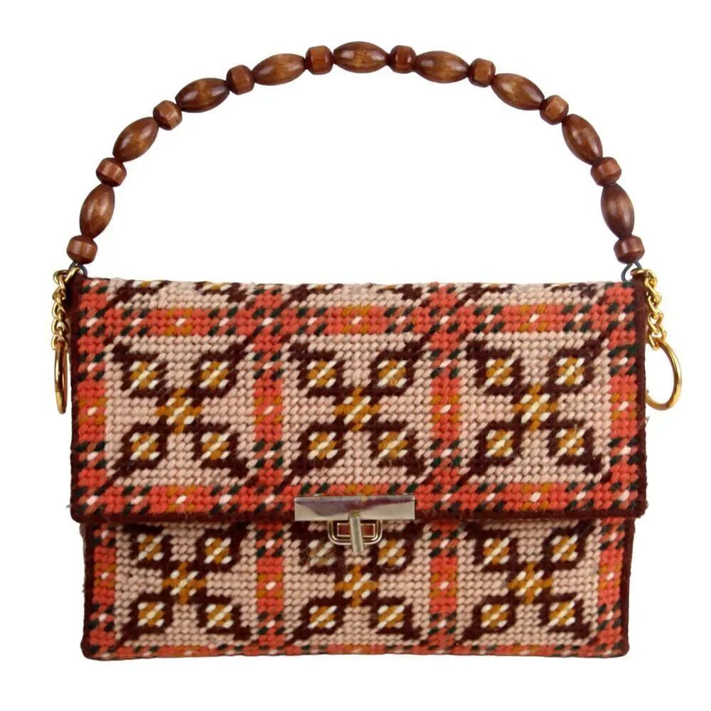 HANDMADE EMBROIDERED MULTICOLOR TAPESTRY WOOD HANDLE FLAP POCKETBOOK HANDBAG